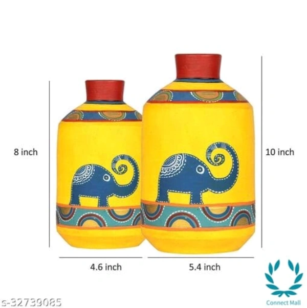 Happy Elephants Madhubani Yellow Vases(Set of 2) (8x4.6/10x5.4) - Yellow, Handicraft